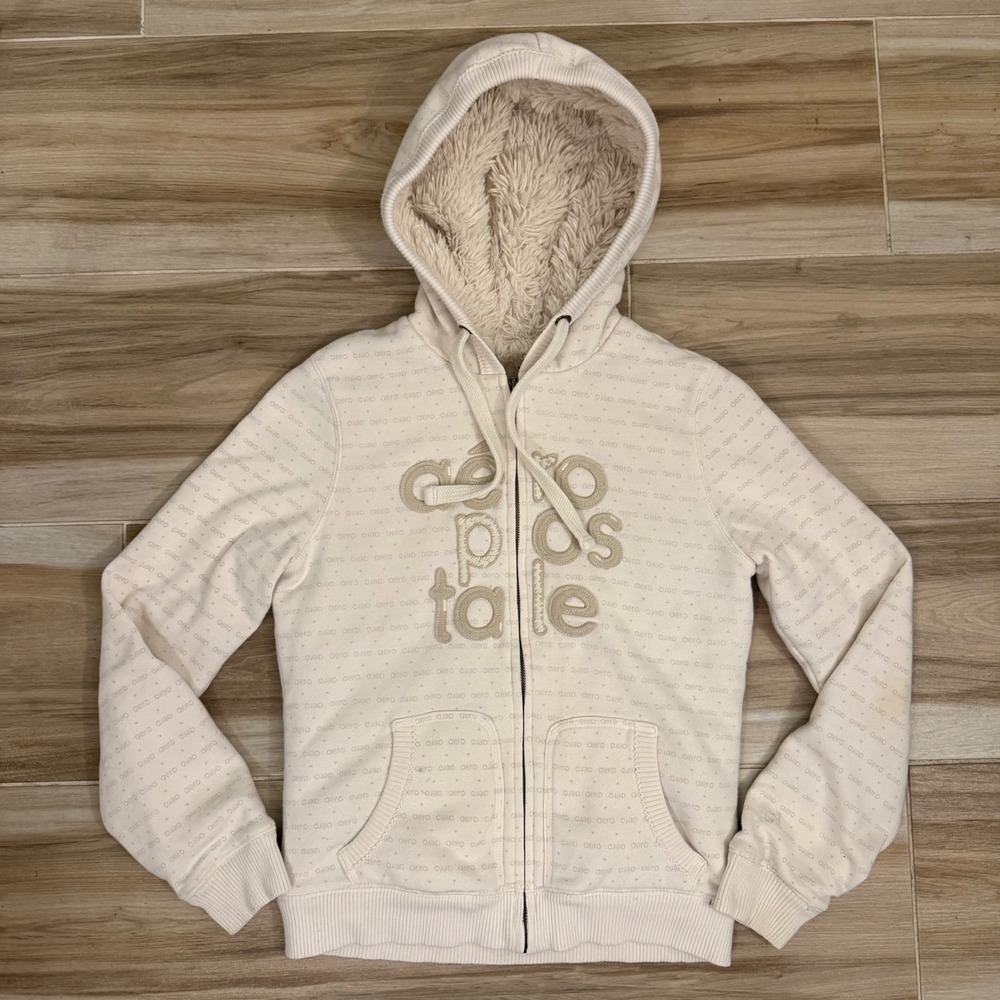 VTG Y2K Aeropostale Juniors Faux Fur Lined Zip Hoodie Cream Off White Large L